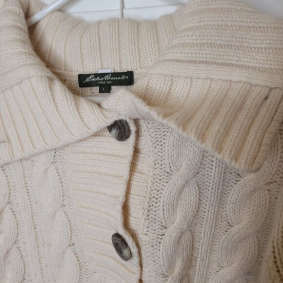 Eddie Bauer Womens Cable Knit Cream Sweater L Wool Blend Shawl buttons - Picture 4 of 5